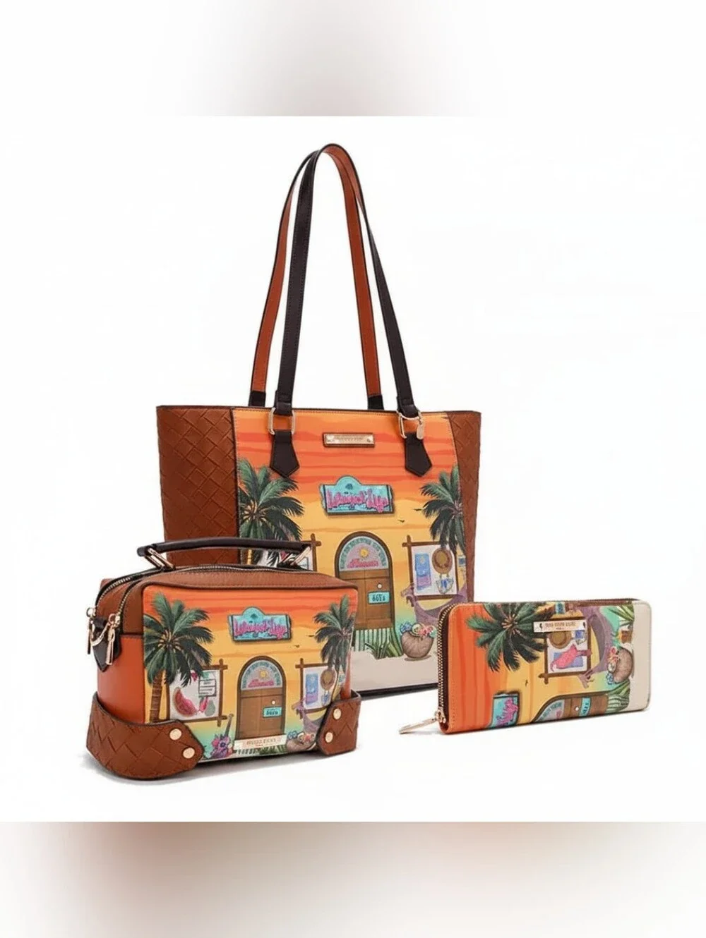 Nicole Lee 3 Piece Set Sun and Sand Matching Wallet Crossbody Shoulder Bag Purse